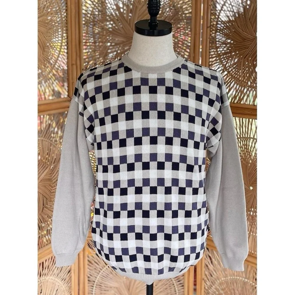 Vintage Men’s John Ashford Golf Tan Checkered Navy Blue White Cotton Sweater